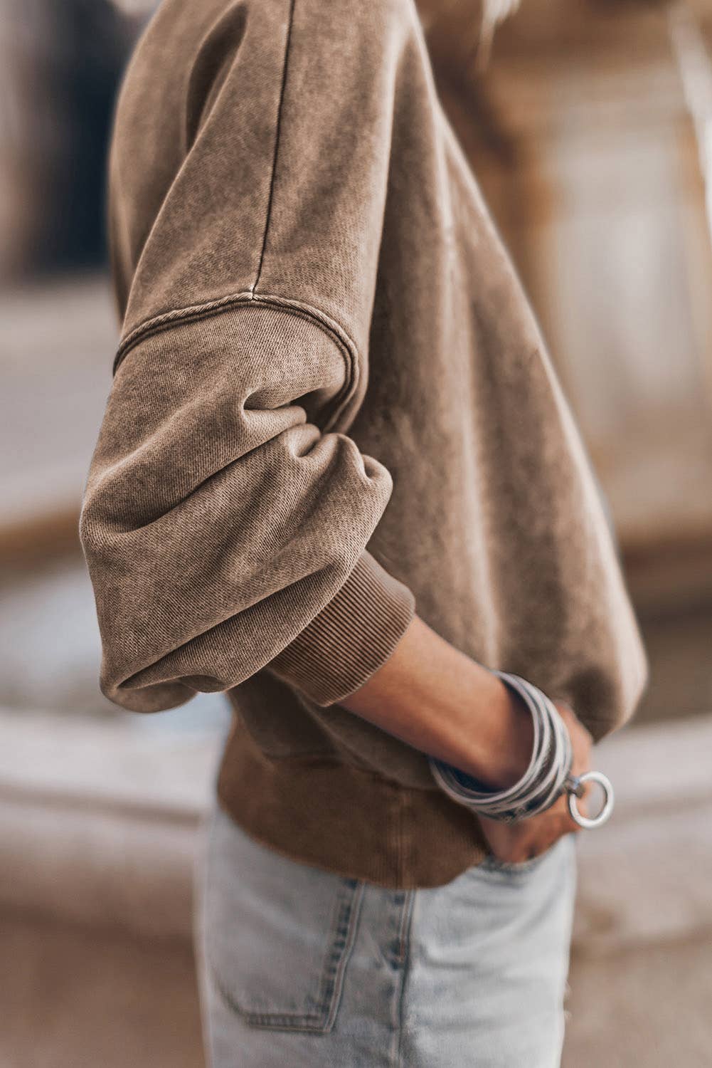 Solid Color Drop Shoulder Crew Neck Pullover Sweatshirt, Feathered Farmhouse