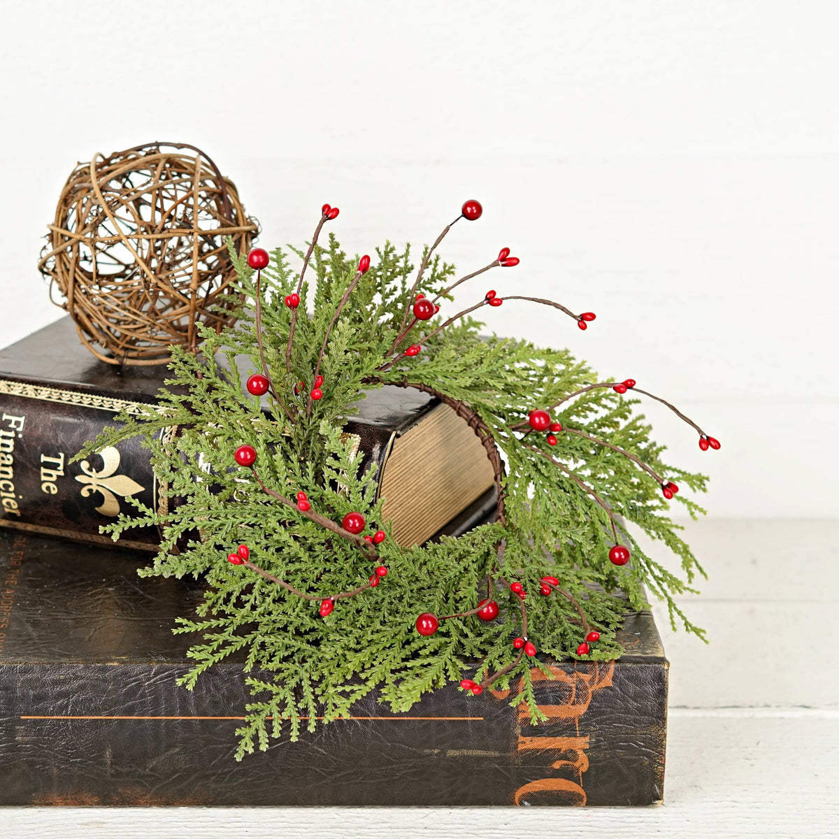 Cedar with Red Berries Soft Touch Candle Ring, Feathered Farmhouse