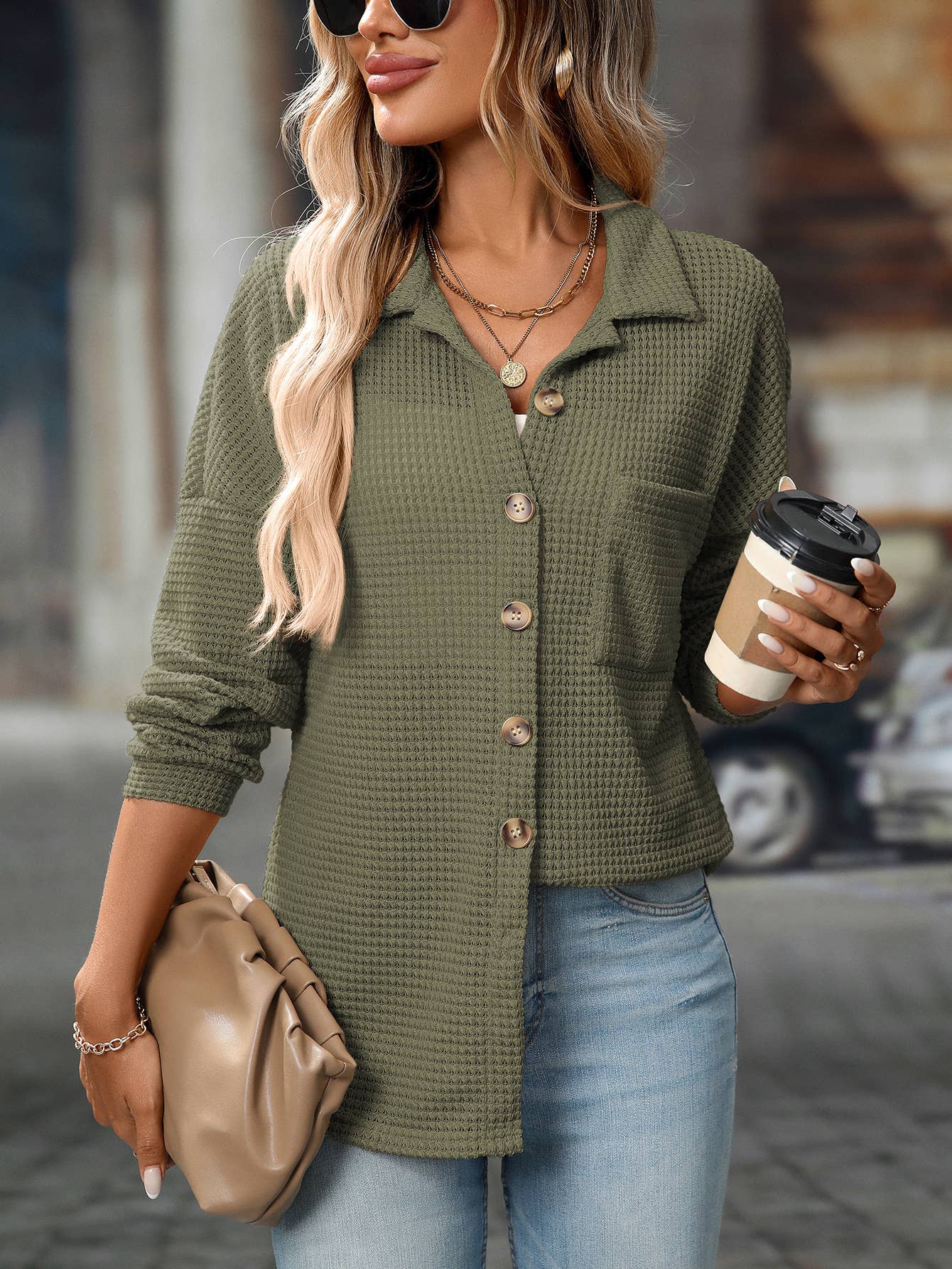 Waffle Knit Button-Up Shirt, Feathered Farmhouse