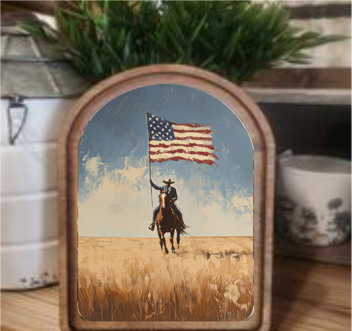Cowboy With Flag Framed Arch Top, Feathered Farmhouse