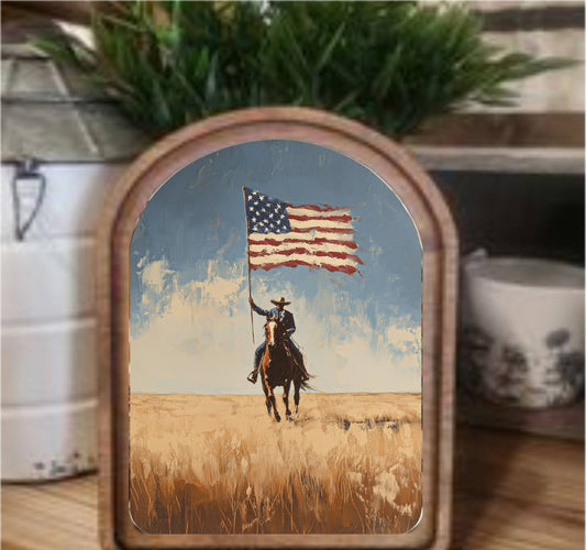 Cowboy With Flag Framed Arch Top, Feathered Farmhouse