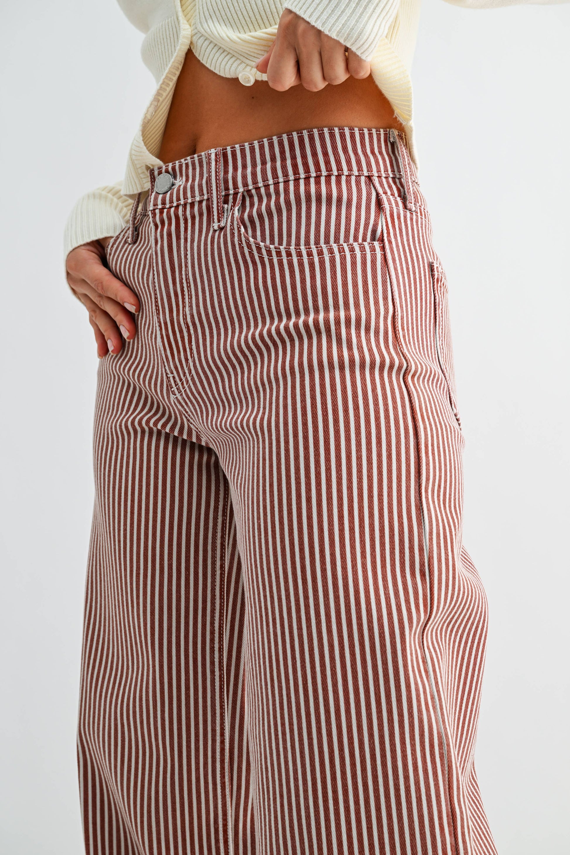 Relaxed Wide Leg Spice Brown Stripe, Feathered Farmhouse