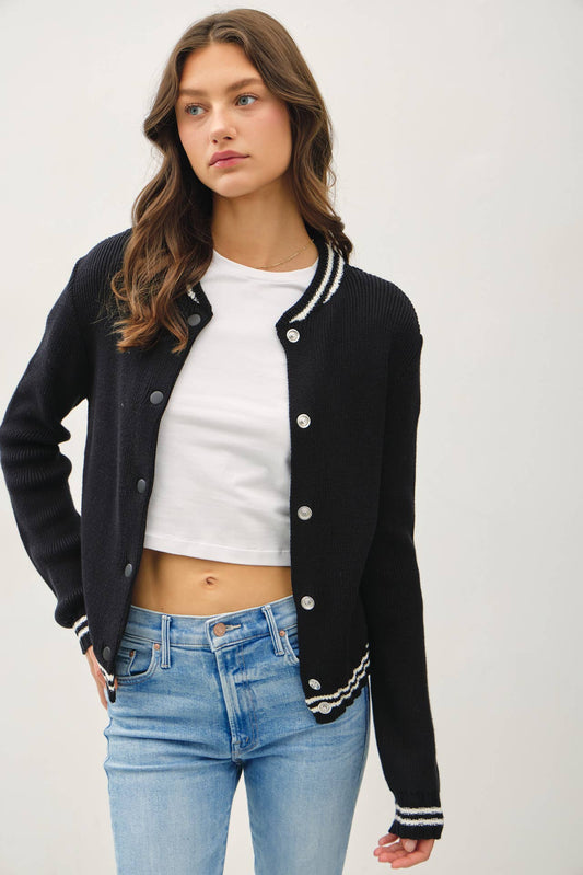 Varsity Striped Bomber Jacket Cardigan, Feathered Farmhouse