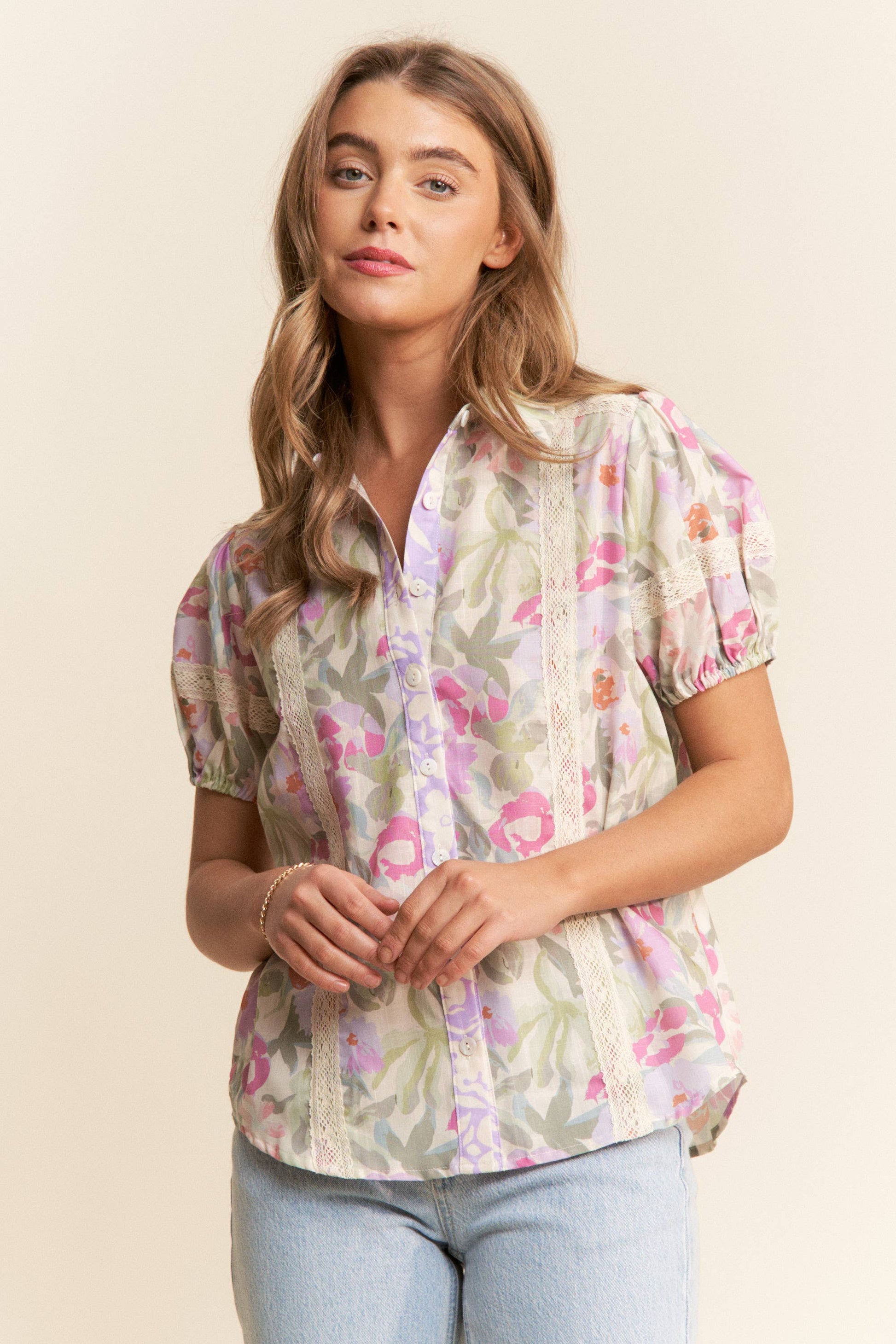 Floral Print Button Up Puff Short Sleeve Blouse, Feathered Farmhouse