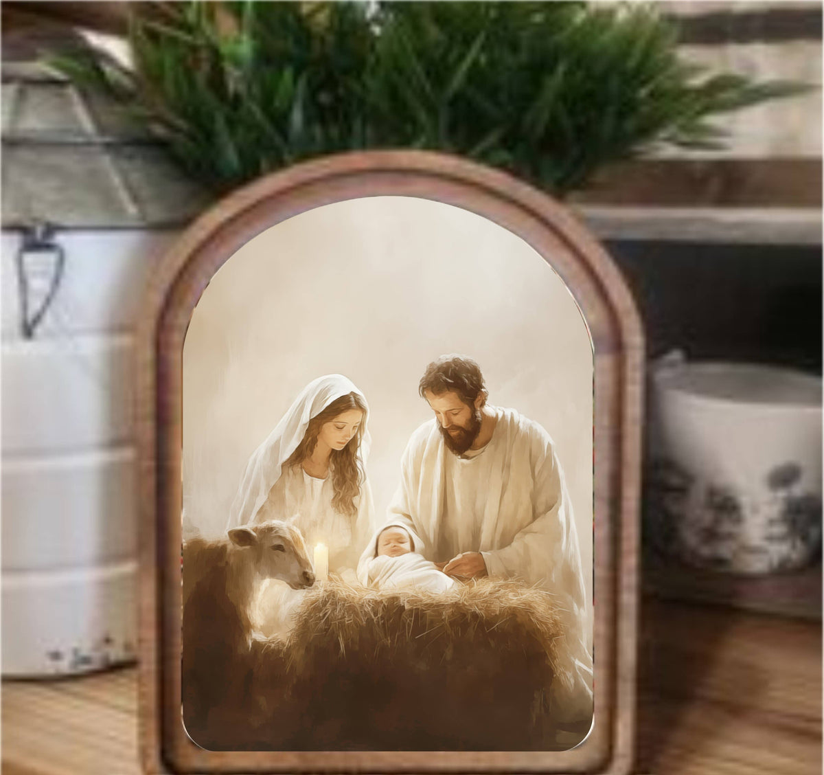 Nativity Framed Arch Top, Feathered Farmhouse