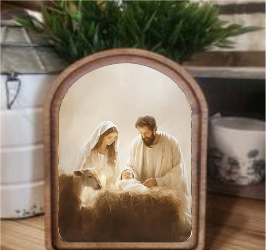 Nativity Framed Arch Top, Feathered Farmhouse