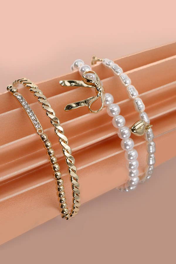 Bow Pearl Rhinestone Bar Stretch Bangle Set, Feathered Farmhouse