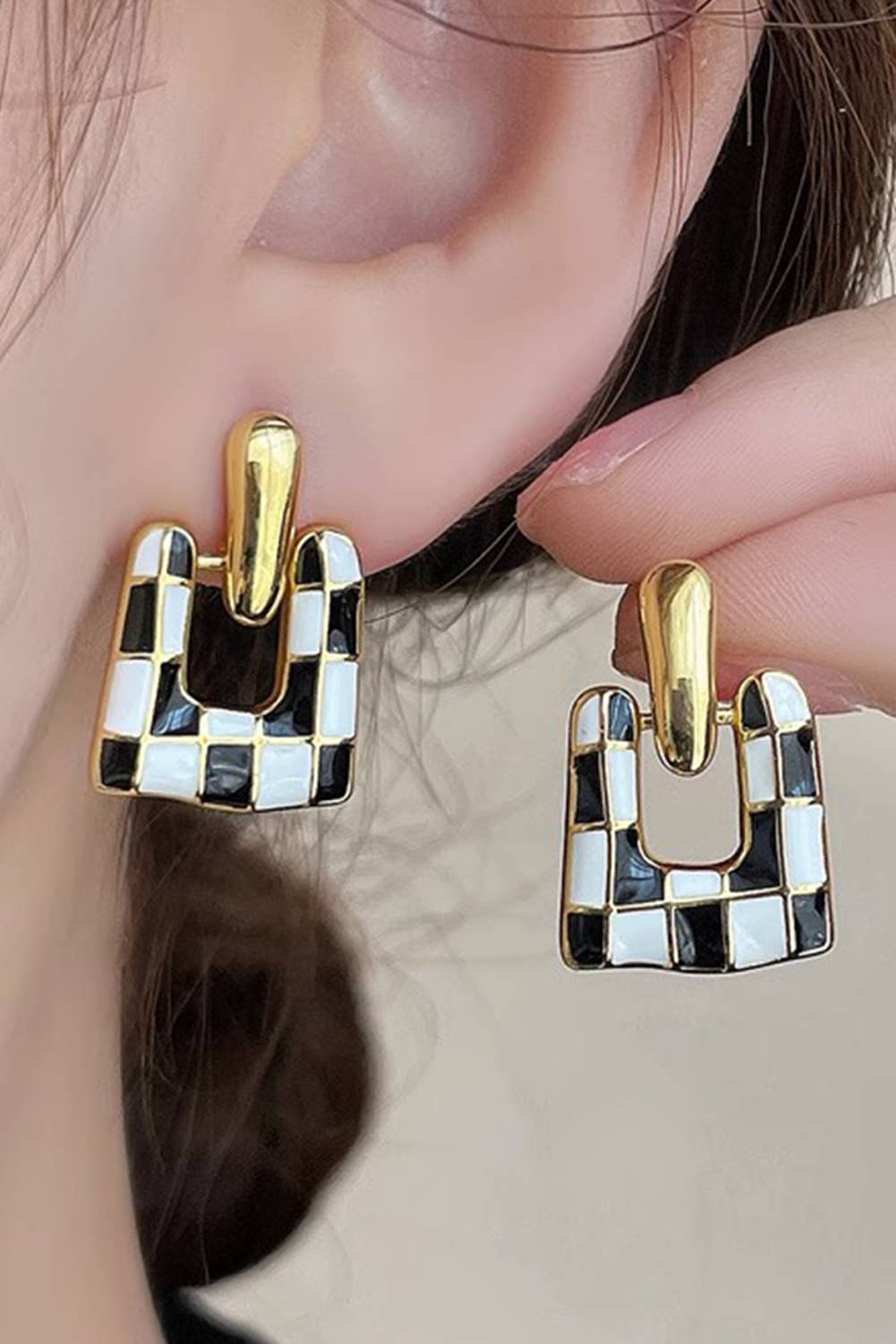 Checkered Square Stud Dangle Earrings, Feathered Farmhouse