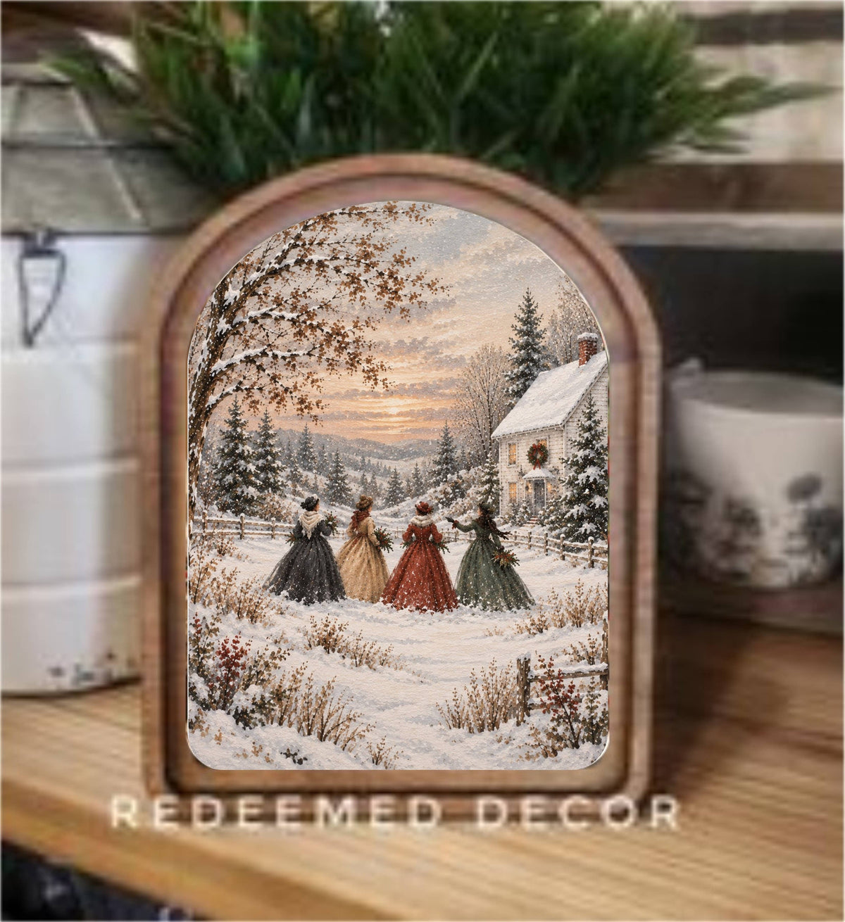 Little Women Inspired Christmas Framed Arch Top, Feathered Farmhouse