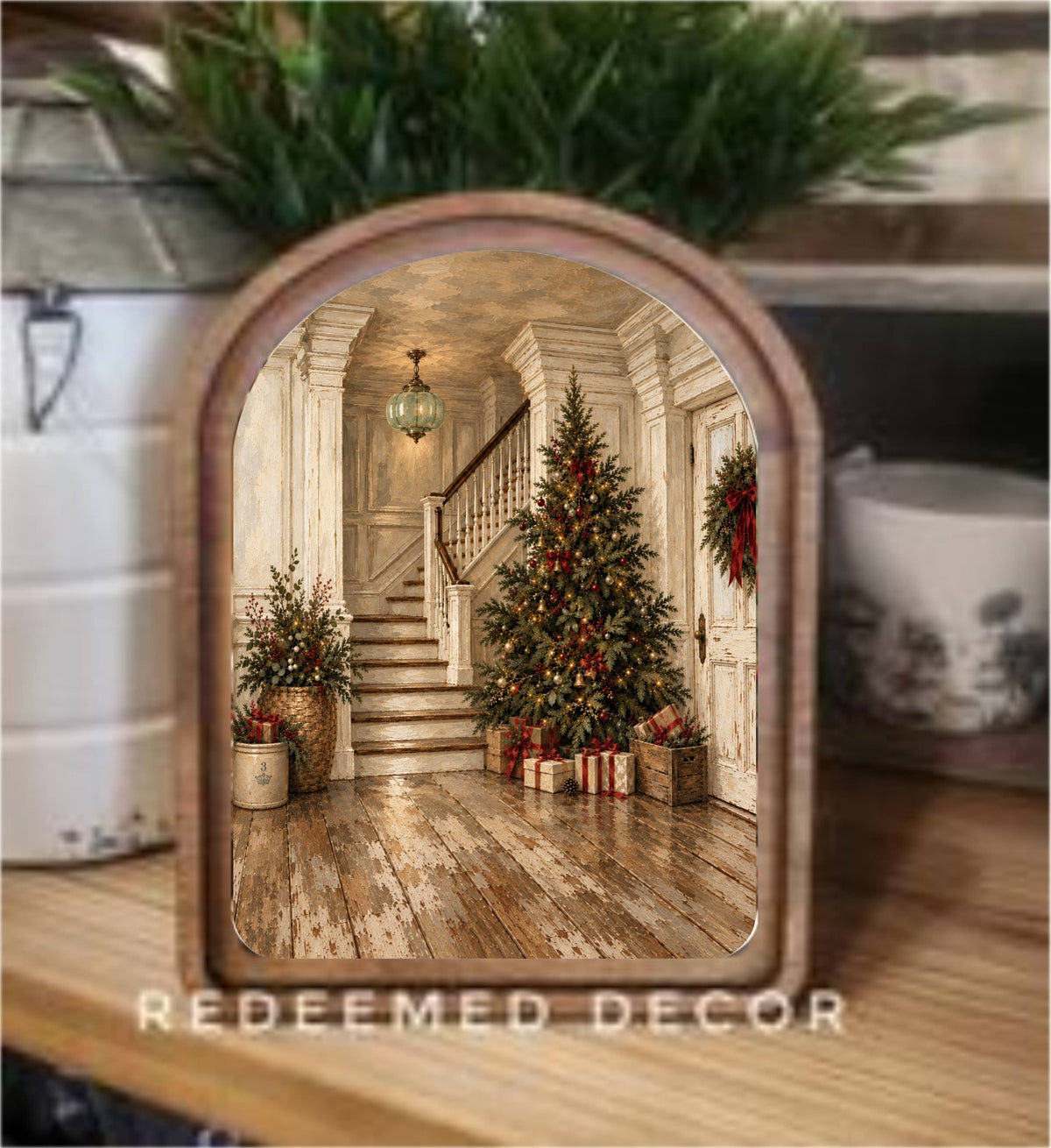 Christmas Entry Framed Arch Top, Feathered Farmhouse