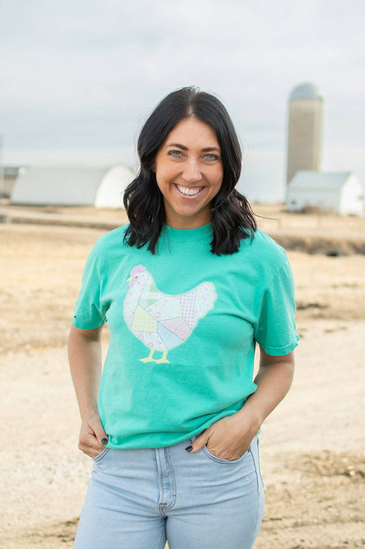 Spring Patchwork Chicken Green Graphic Tee, Feathered Farmhouse
