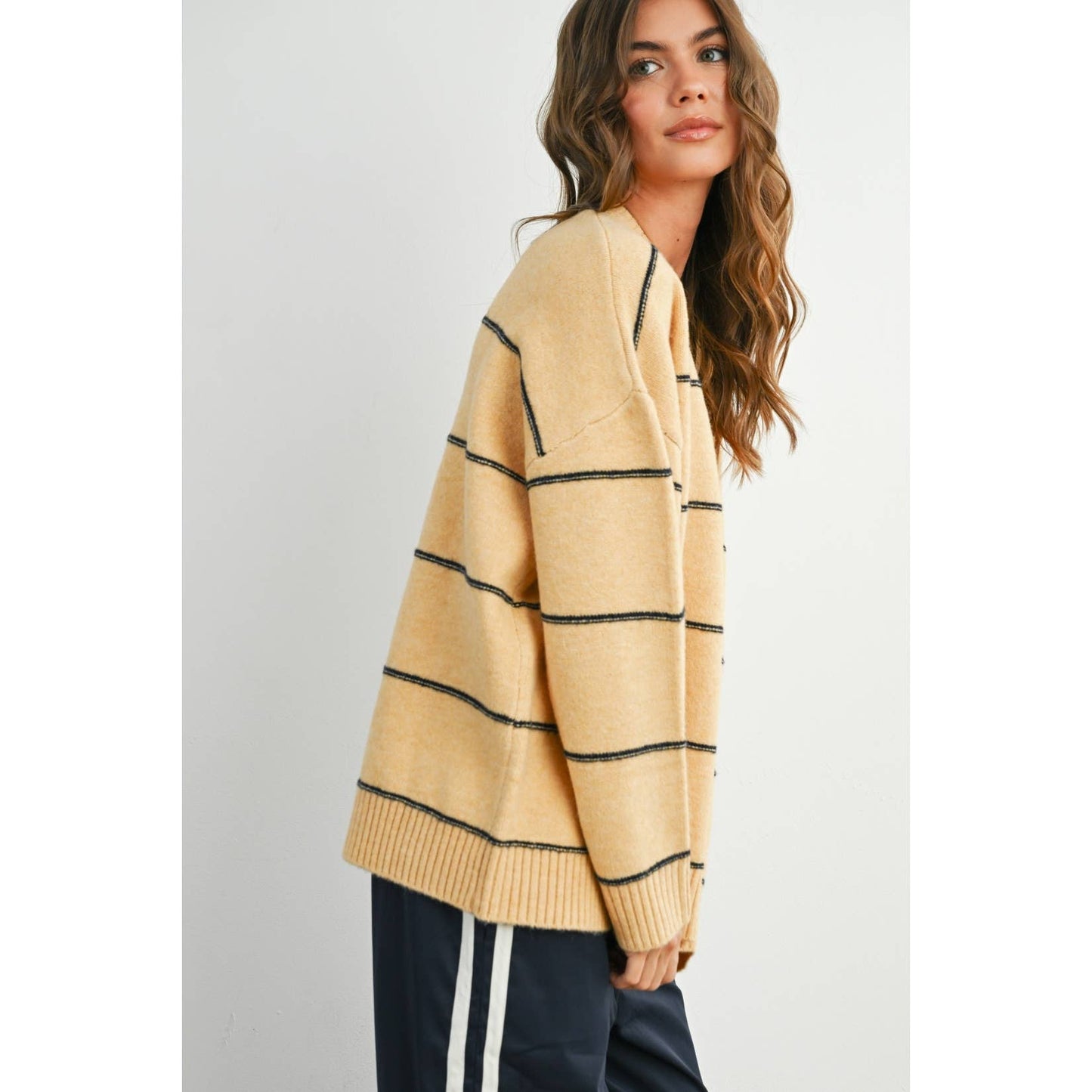 Striped Pattern Drop Shoulder Sweater, Feathered Farmhouse