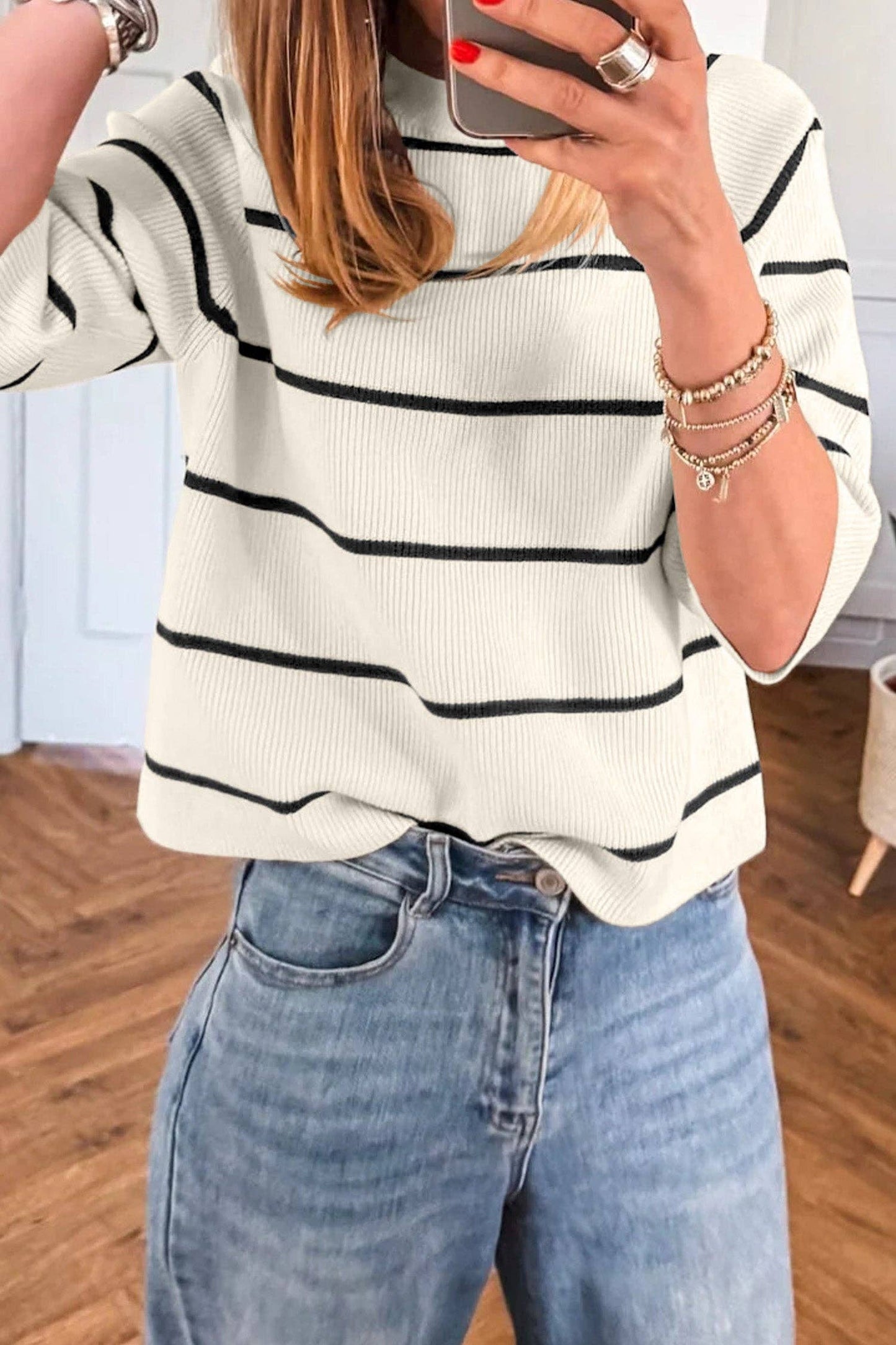 Jen White Stripe Ribbed Sweater Tee