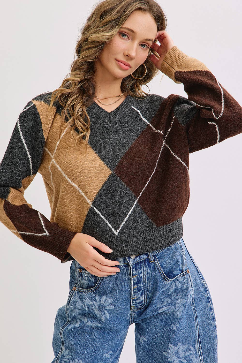 V-Neck Argyle Knit Sweater, Feathered Farmhouse
