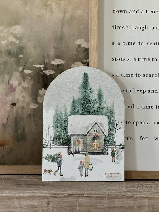 Large Winter House Scene Arch, Feathered Farmhouse