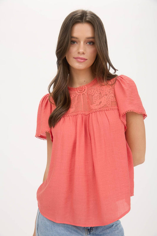 Sheer Lace Yoke Short Sleeve Blouse, Feathered Farmhouse