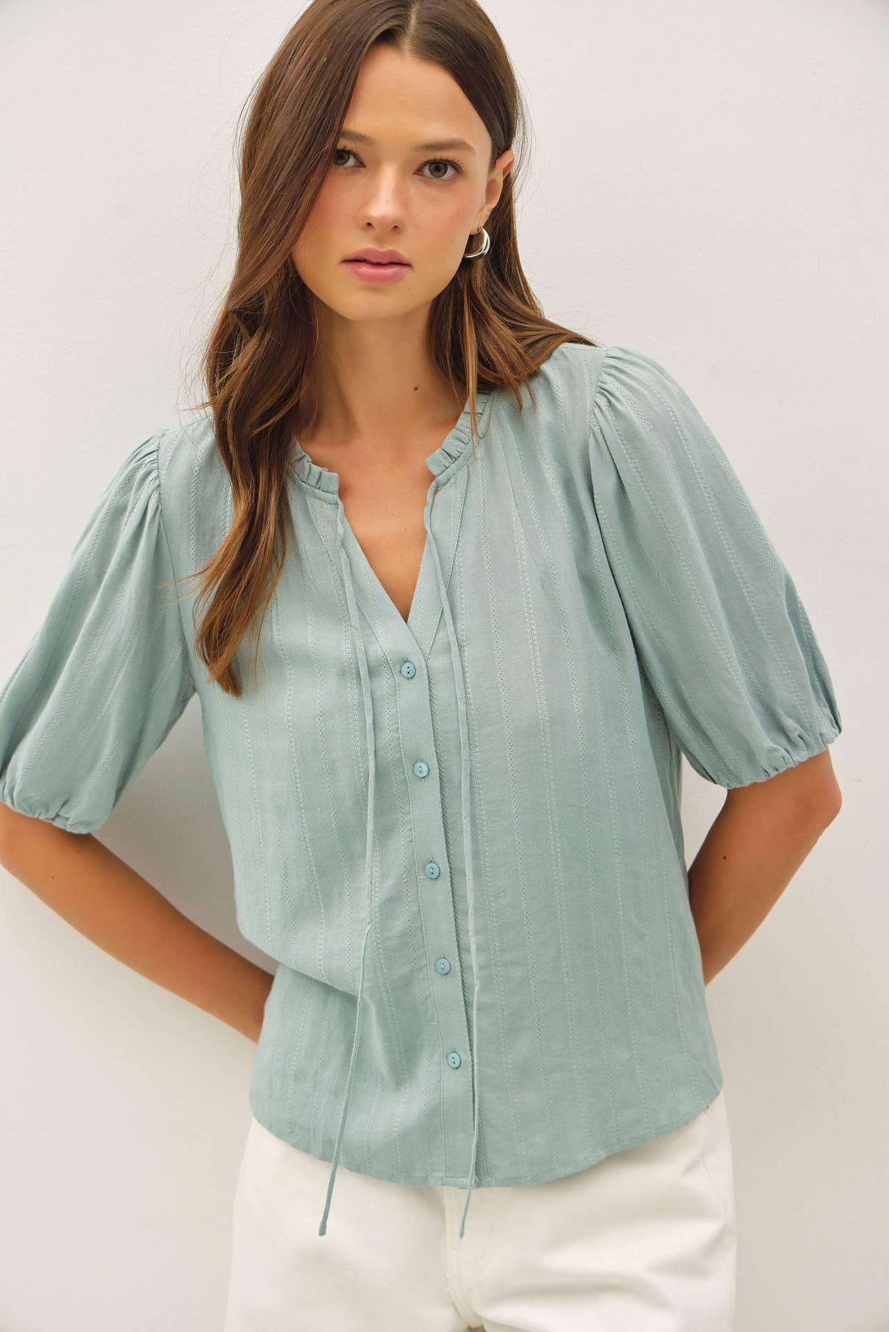 Ruffle Trim Blouse, Feathered Farmhouse