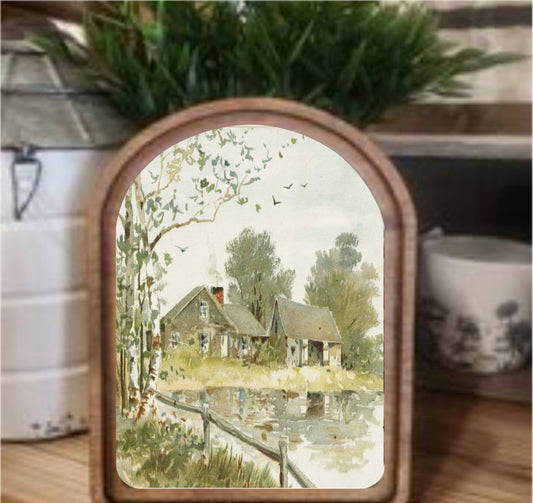 Muted Farmhouse Pond Framed Art Arch Top, Feathered Farmhouse