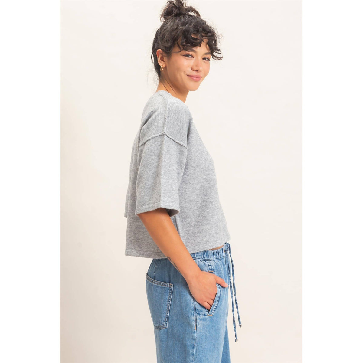 Heather Grey Drop Shoulder Short Sleeve Cardigan, Feathered Farmhouse
