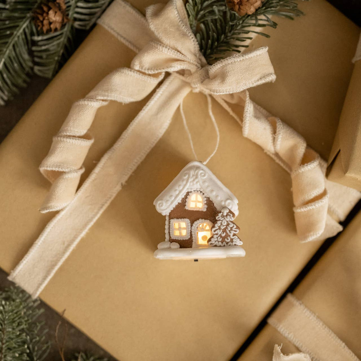 Light Up Gingerbread House with Tree Ornament, Feathered Farmhouse