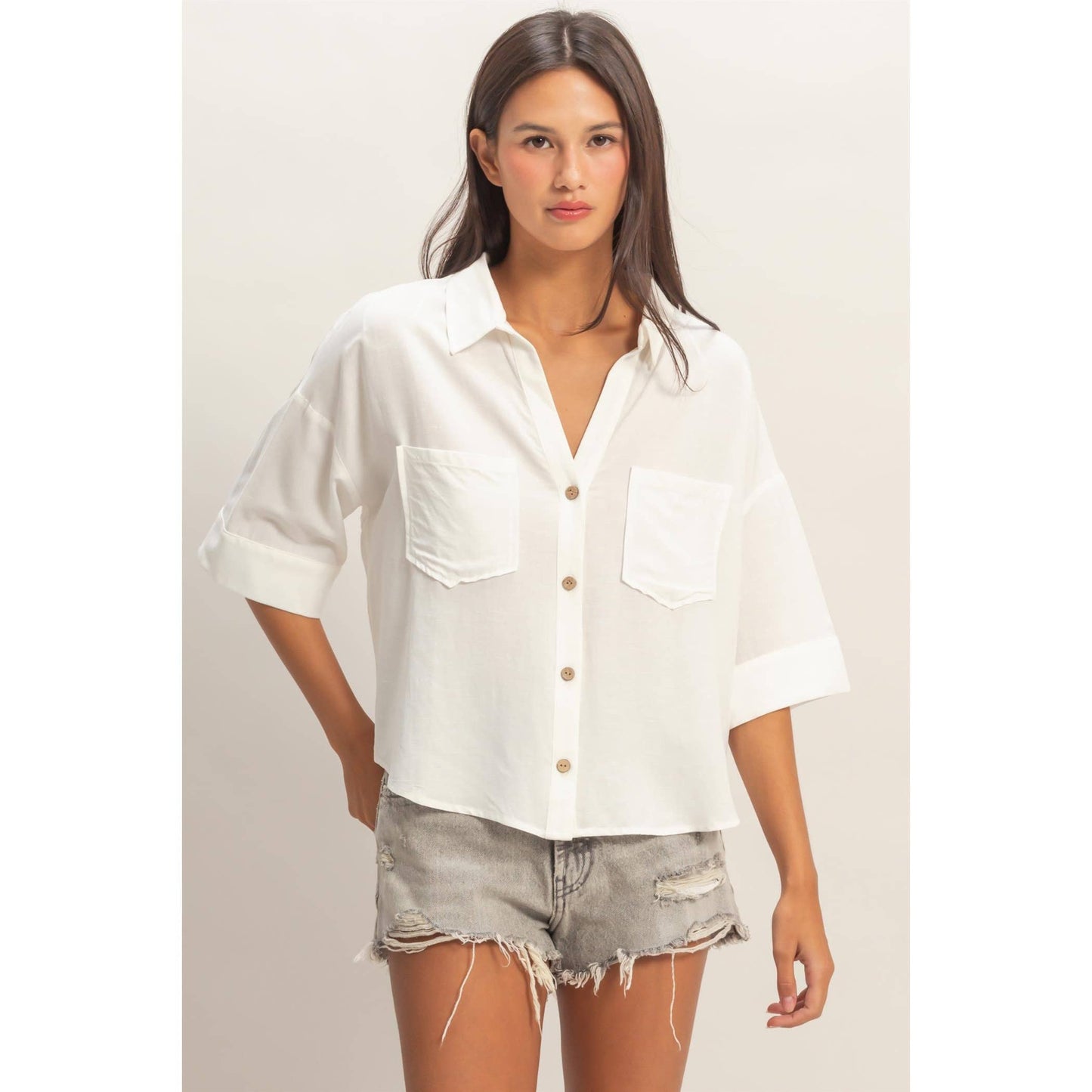 Button-Up Collared Short Sleeve Shirt, Feathered Farmhouse