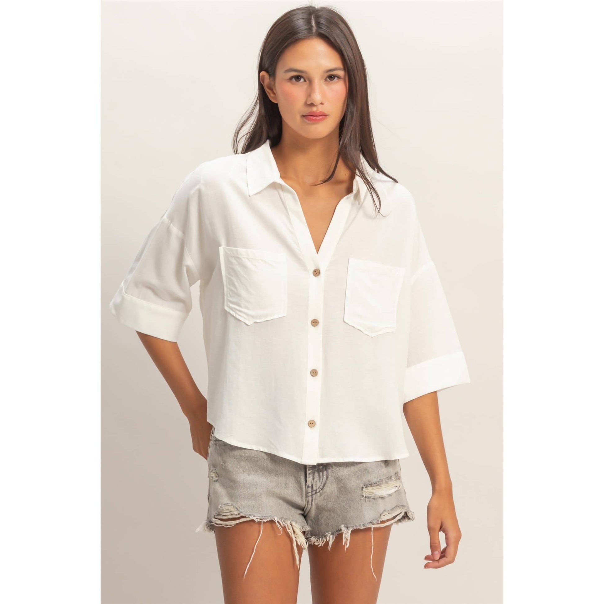 Button-Up Collared Short Sleeve Shirt, Feathered Farmhouse