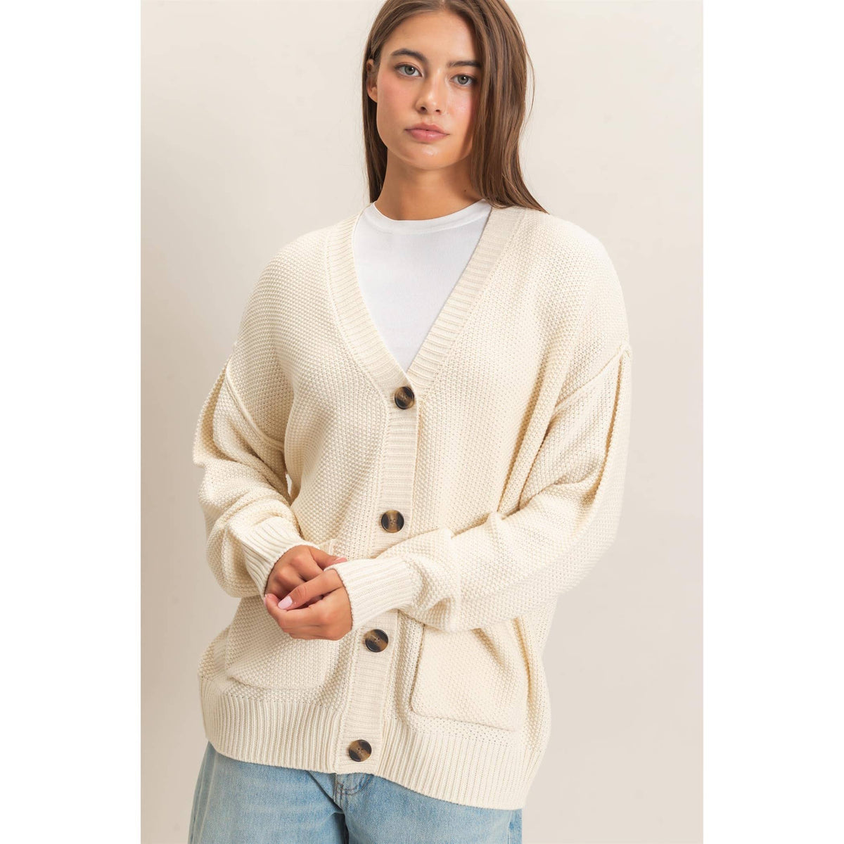 Cream Textured Oversized Knit Buttoned Cardigan