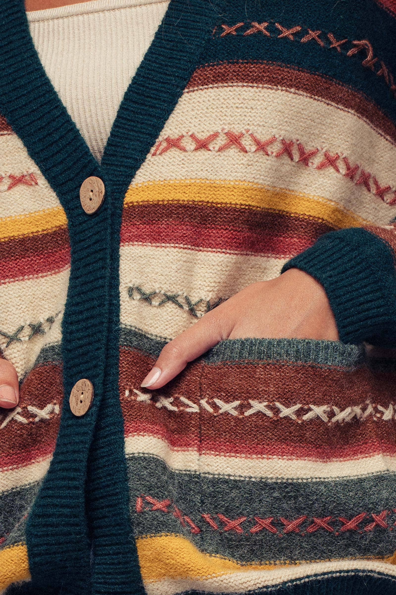 Rustic Striped Jacquard Knit Cardigan, Feathered Farmhouse