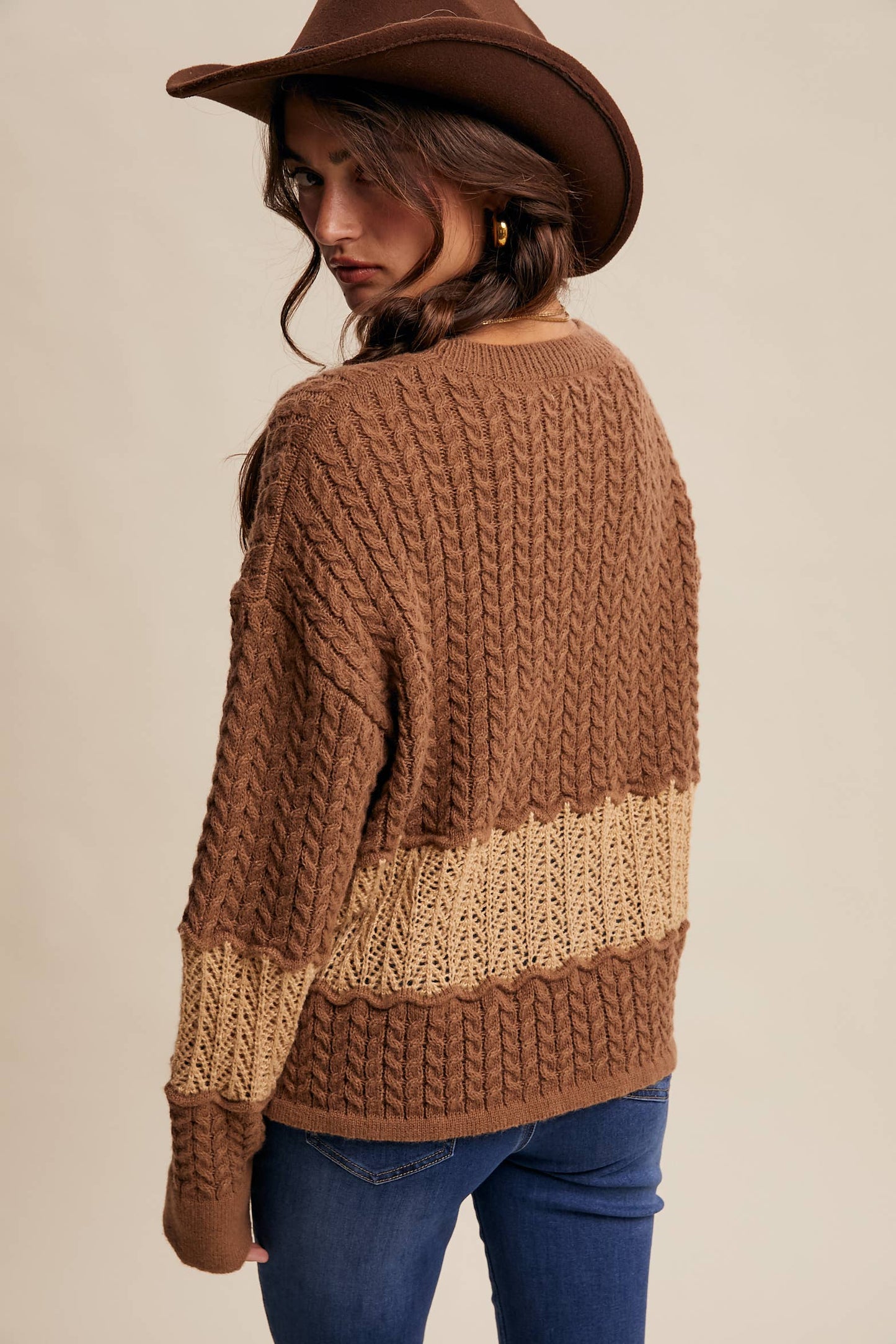 Colorblock Cable Knit Sweater, Feathered Farmhouse