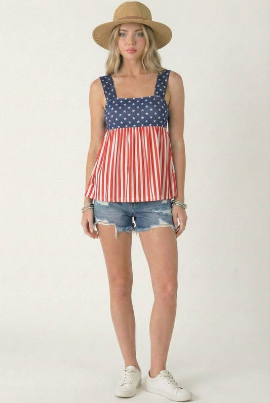 American Flag Babydoll Tank Top, Feathered Farmhouse
