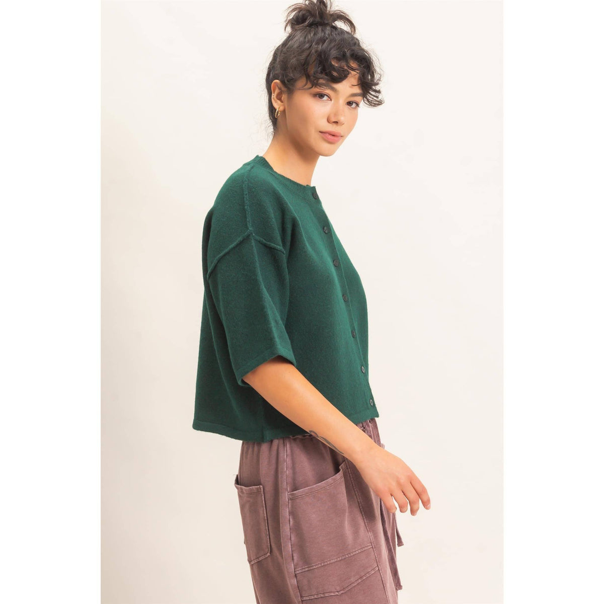 Dark Green Drop Shoulder Short Sleeve Cardigan, Feathered Farmhouse