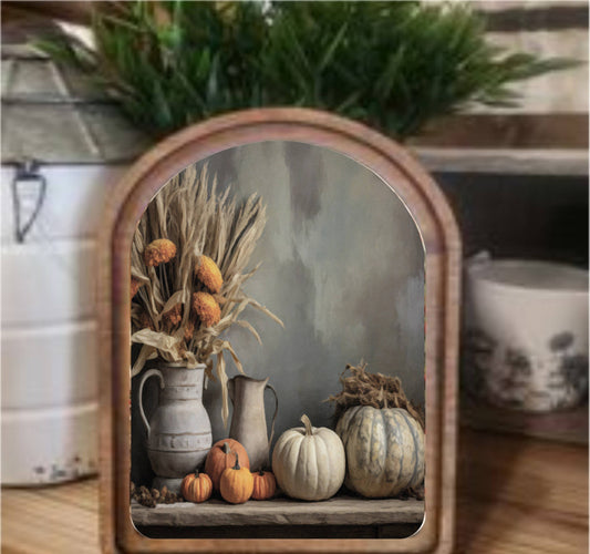 Fall Table Framed Art Arch Top, Feathered Farmhouse