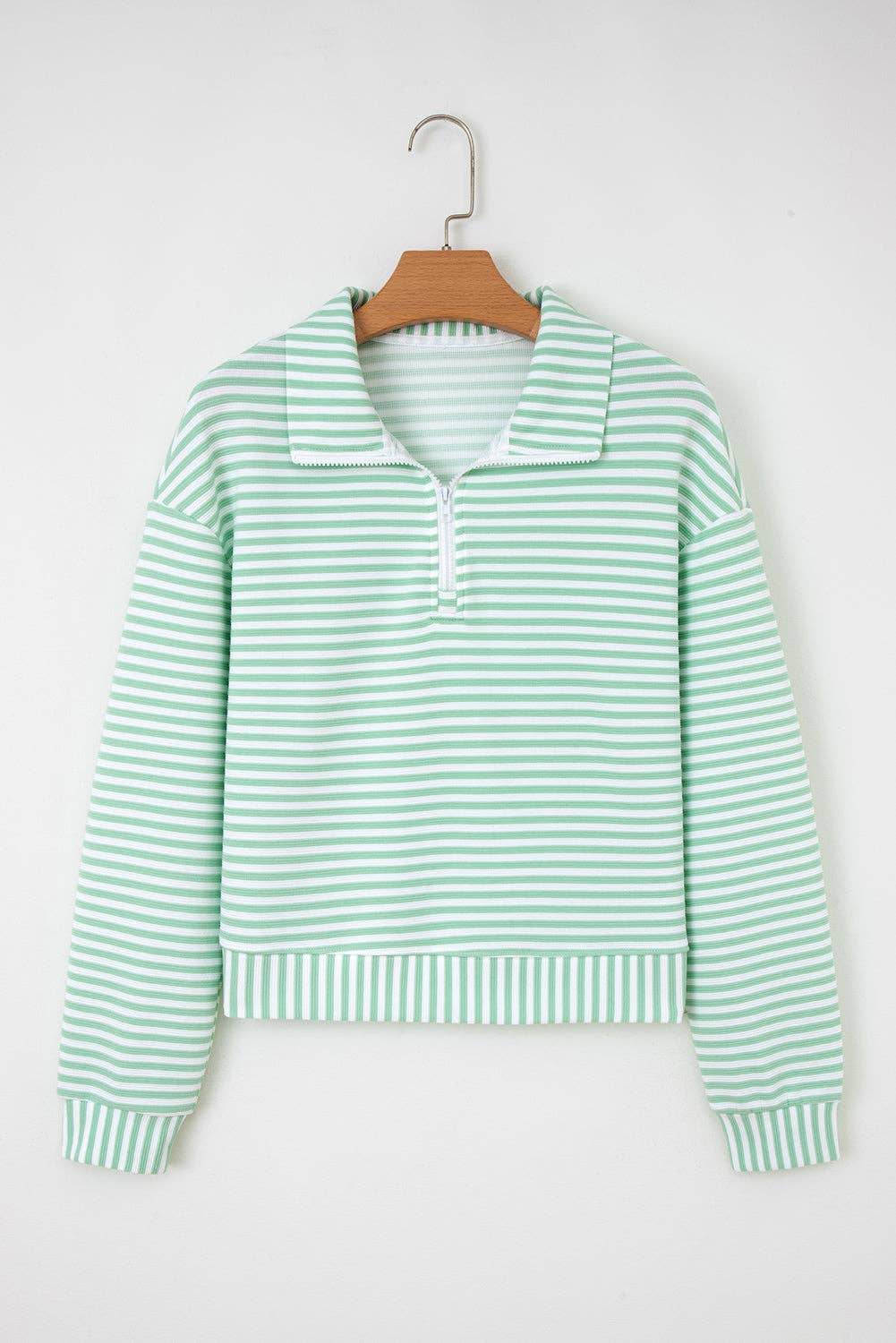 Stripe Quarter Zip Collar Long Sleeve Pullover Top, Feathered Farmhouse