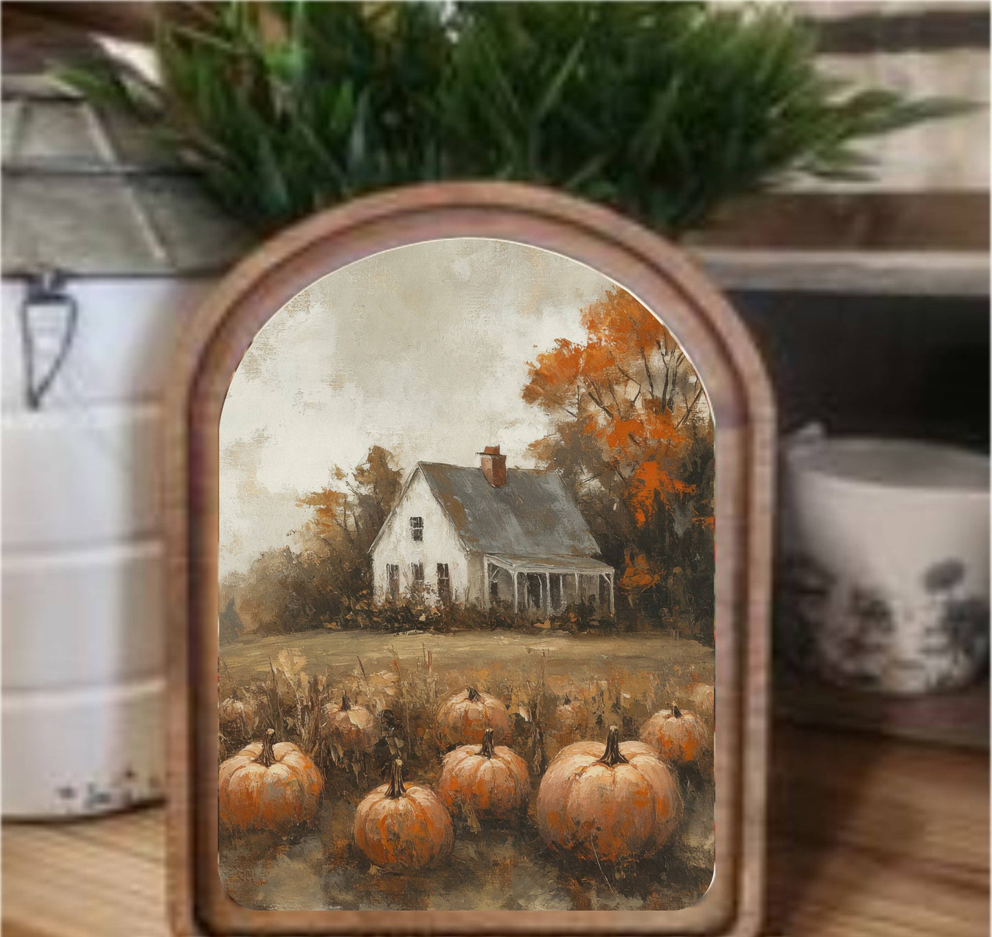Pumpkin Farmhouse Framed Art Arch Top, Feathered Farmhouse