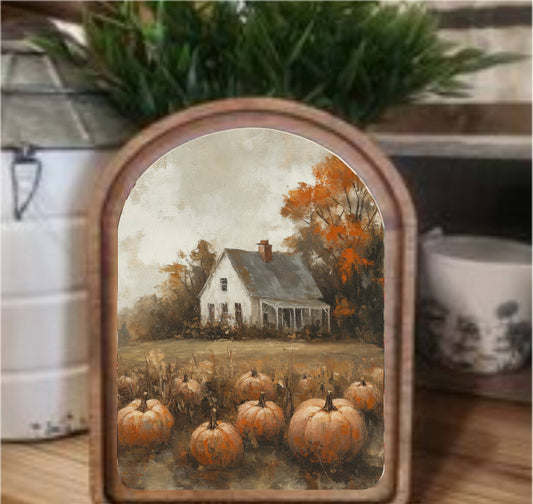 Pumpkin Farmhouse Framed Art Arch Top, Feathered Farmhouse