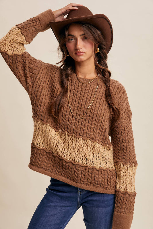 Colorblock Cable Knit Sweater, Feathered Farmhouse