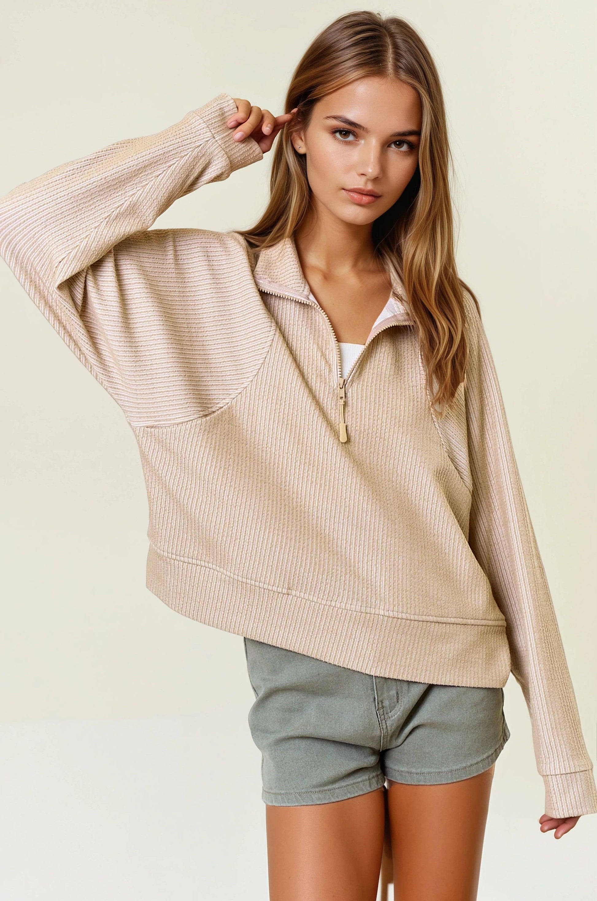 Stripe Textured Half-Zip Sweatshirt, Feathered Farmhouse