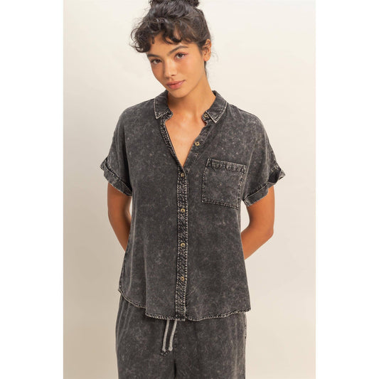 Mineral Wash Button-Up Dolman Sleeve Shirt, Feathered Farmhouse