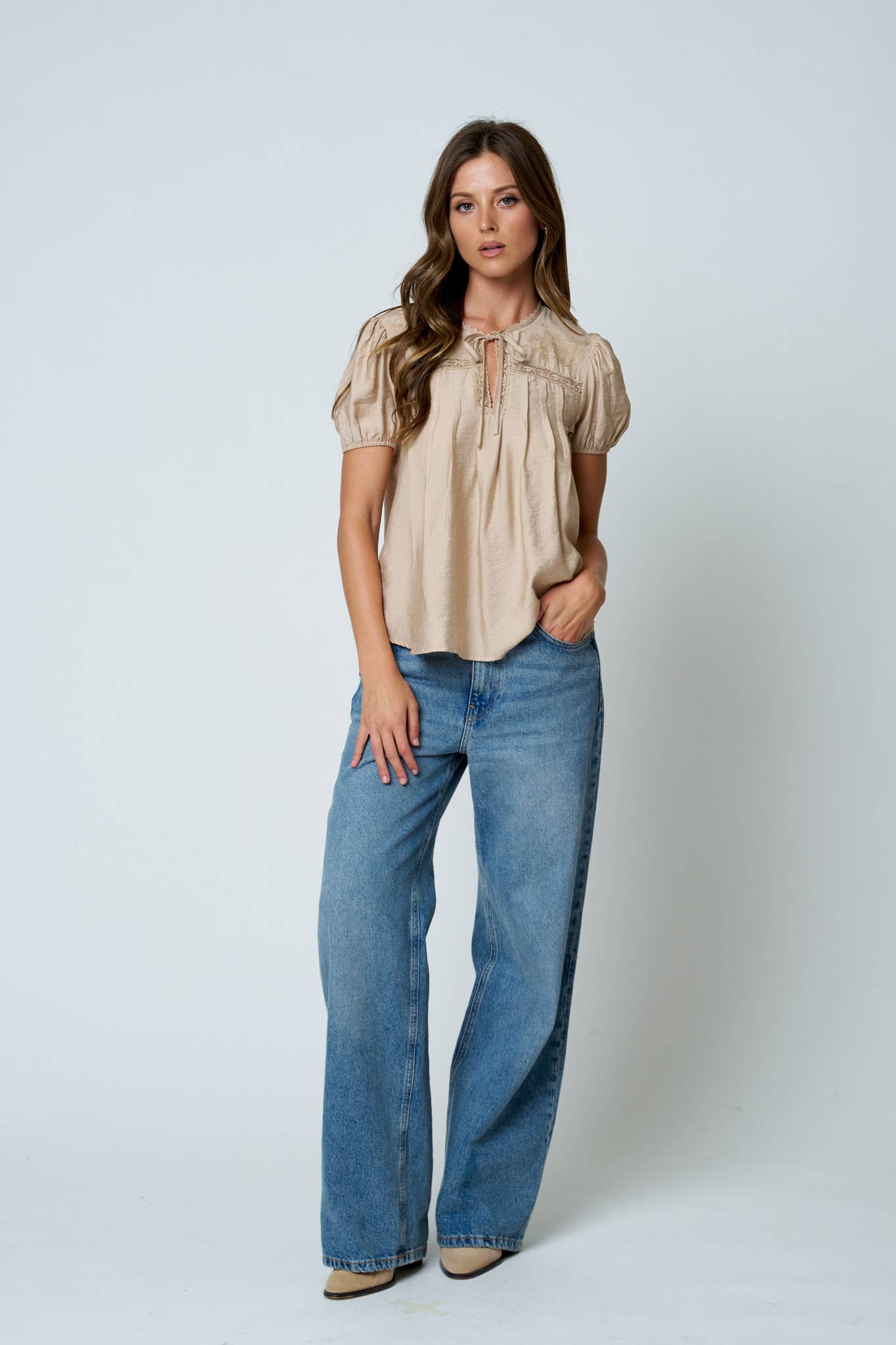 Embroidered Yoke Lace Trim Pintuck Detail Top, Feathered Farmhouse