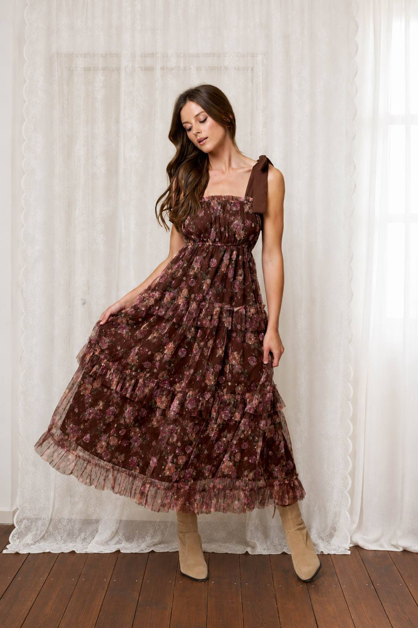 Floral Chiffon Tie Strap Ruffled Tiered Midi Dress, Feathred Farmhouse
