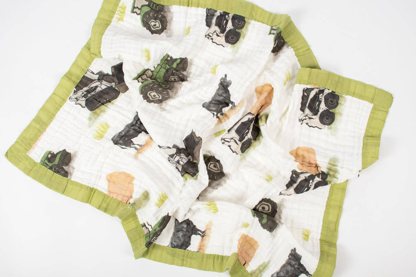 Green Tractor Farm Life Cotton Baby Blanket, Feathered Farmhouse