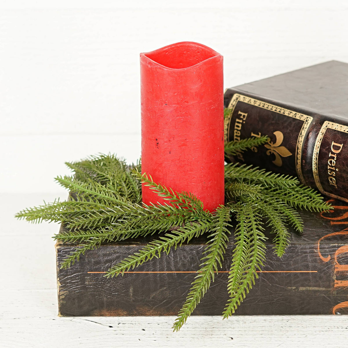 Wispy Mix Green Norfolk Pine Candle Ring, Feathered Farmhouse