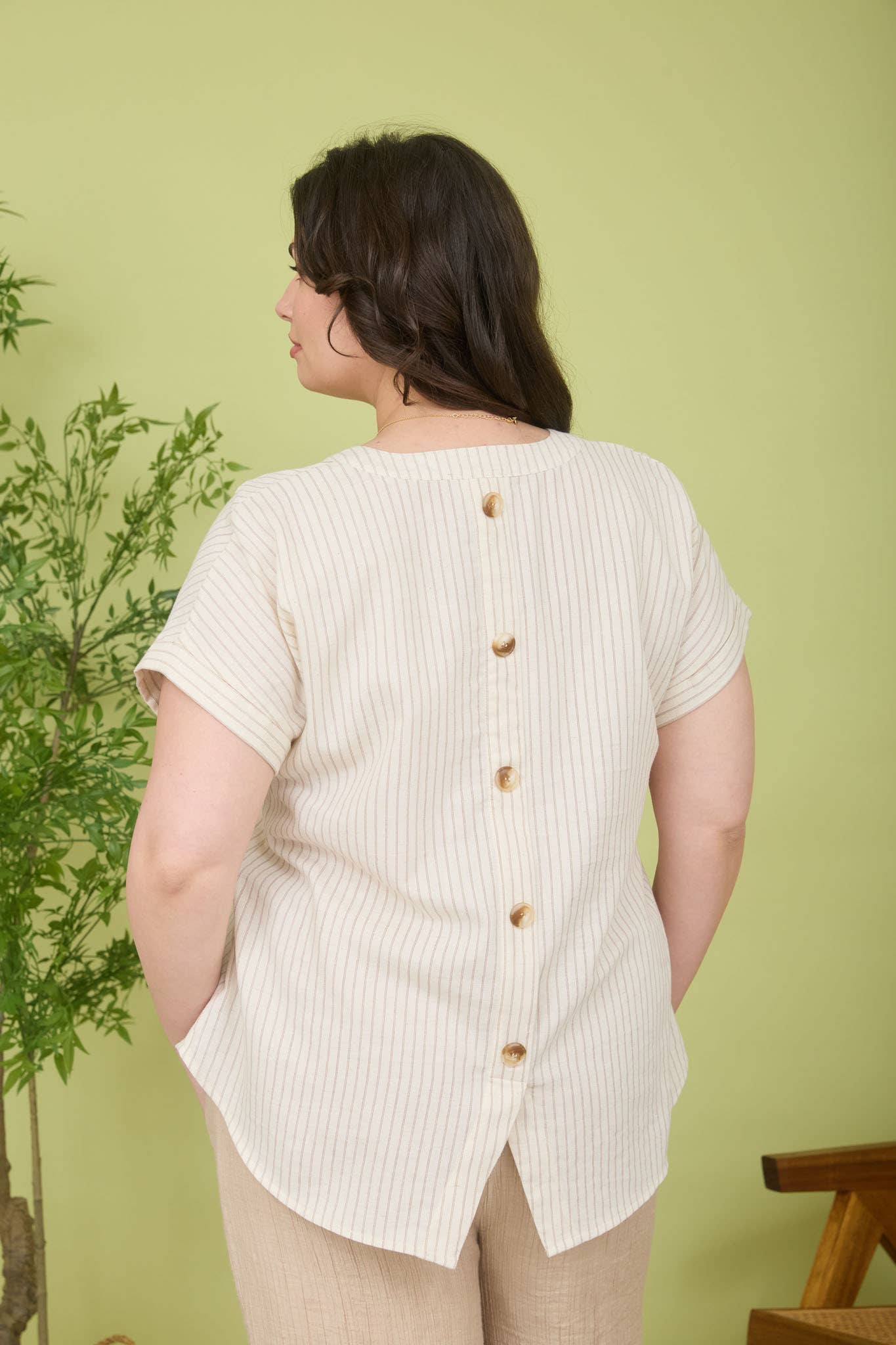 Split Neck Strip Top, Feathered Farmhouse