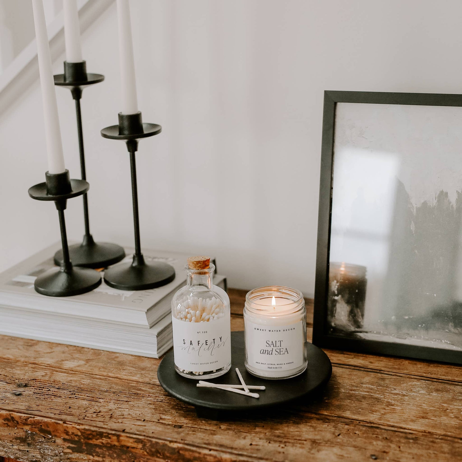 Black Wood Pedestal Stand, Feathered Farmhouse
