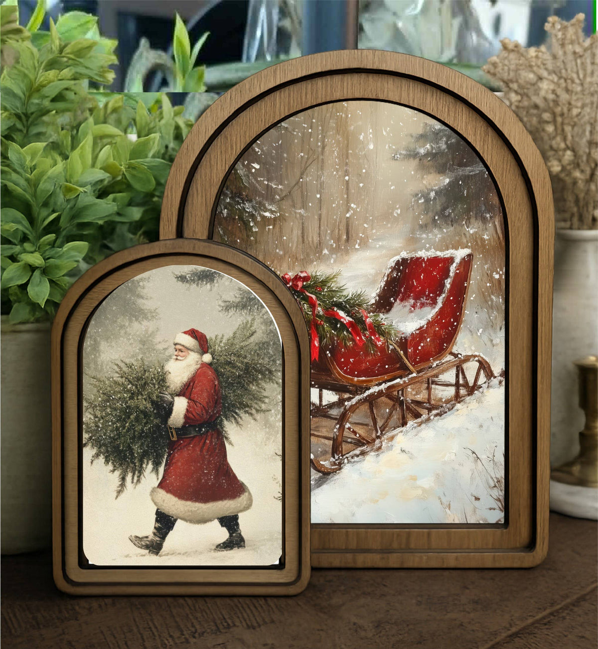 Santa's Sleigh Framed Arch Top, Feathered Farmhouse