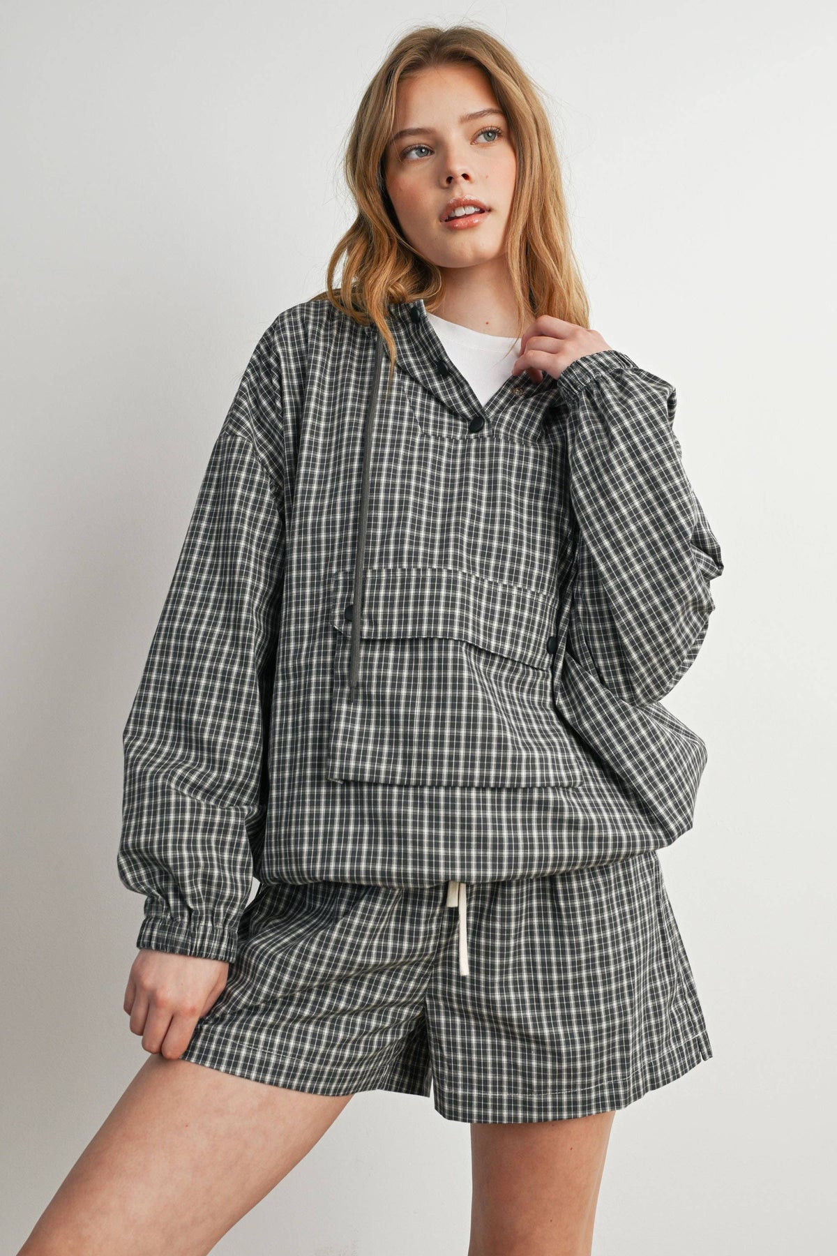 Check Hooded Anorak Top, Feathered Farmhouse