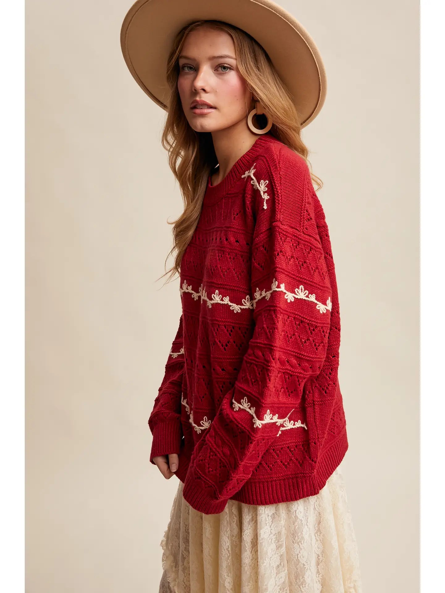 Embroidered Pointelle Knit Sweater