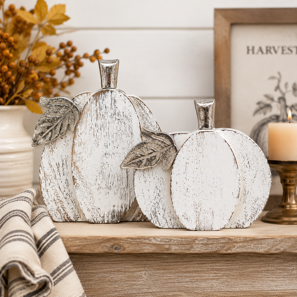 Whitewashed Wood Pumpkin, Feathered Farmhouse