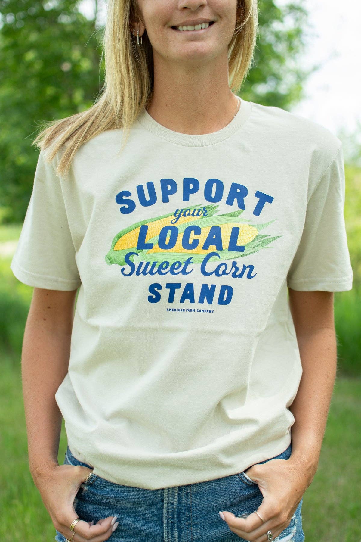 Summer 'Support Your Local Sweet Corn Stand' Tan Graphic Tee, Feathered Farmhouse