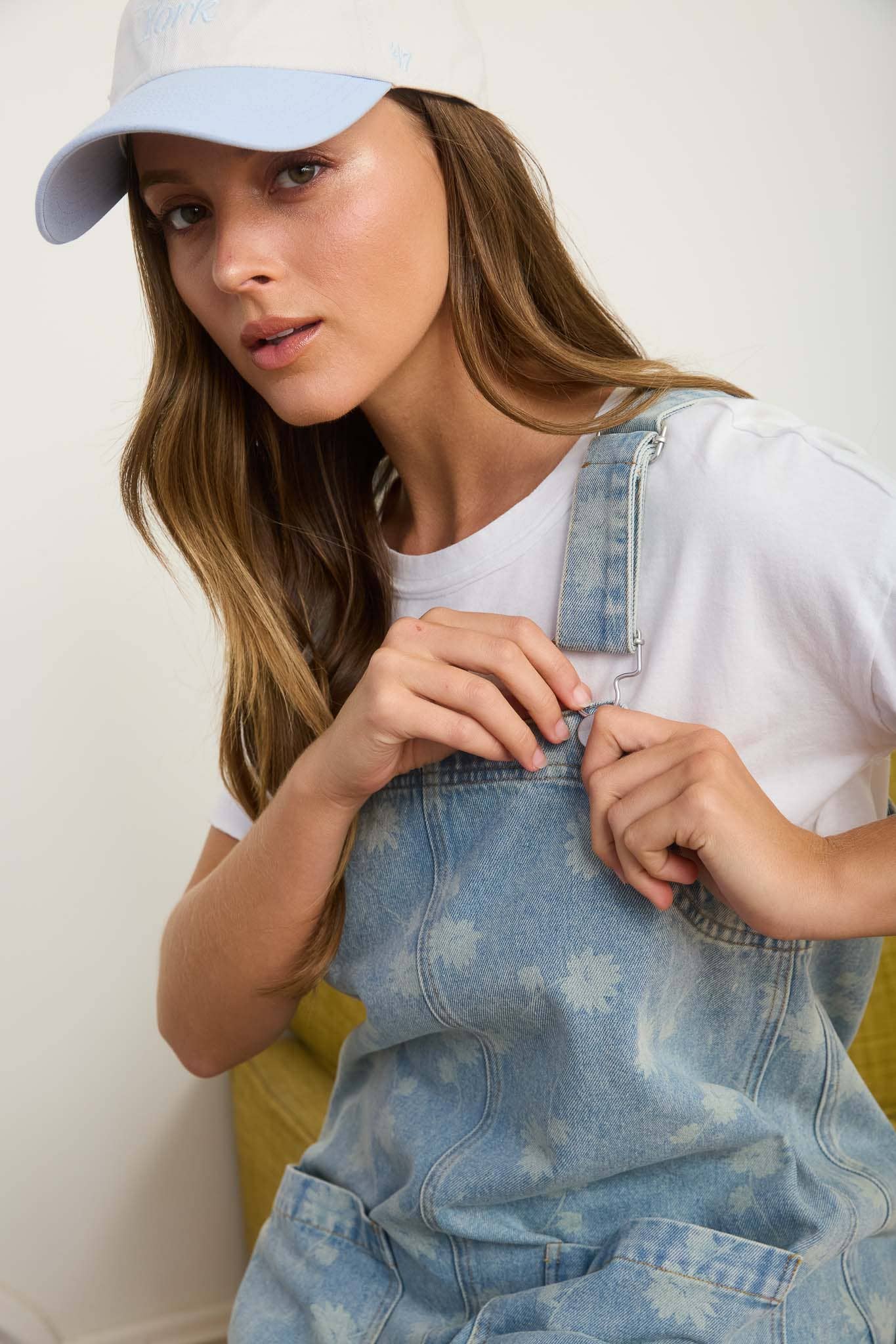 Dandelion Washed Denim Overall Mini Dress, Feathered Farmhouse 